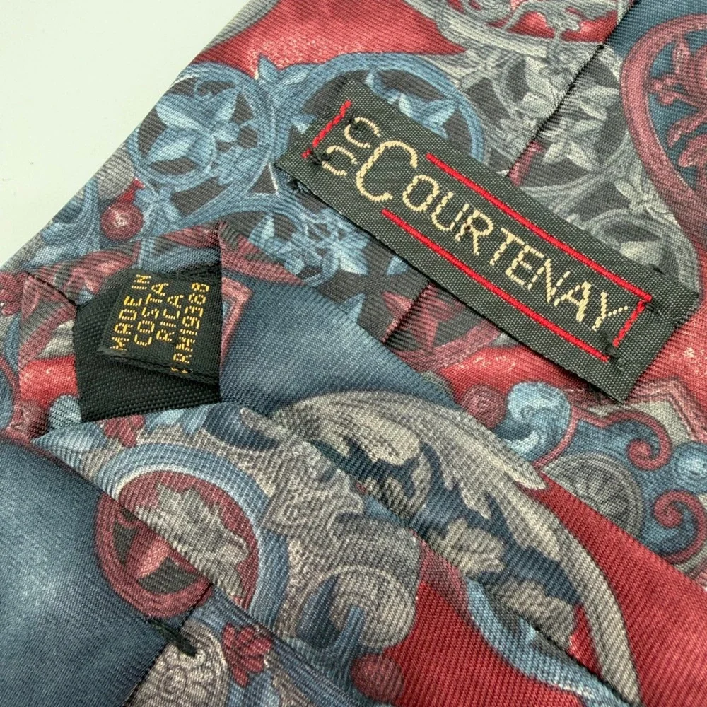Vtg 90s Courtenay Tie Mens Silk Red Blue Gray Ornate Medallion Baroque Abstract